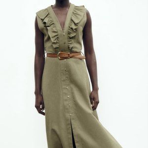 Zara Linen Blend Midi Dress Khaki
